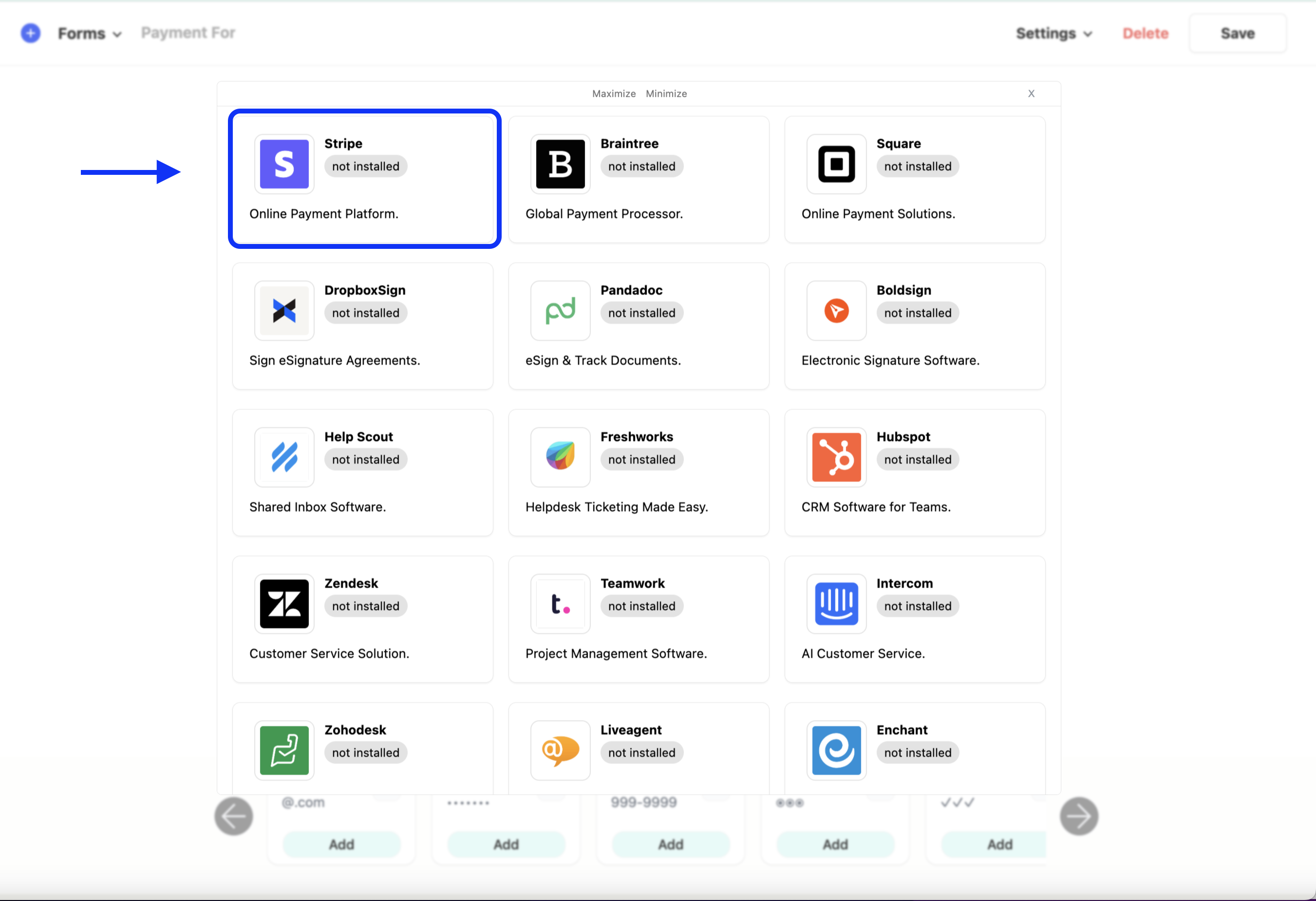 selecting the payment processors logo to open up the payments settings modal