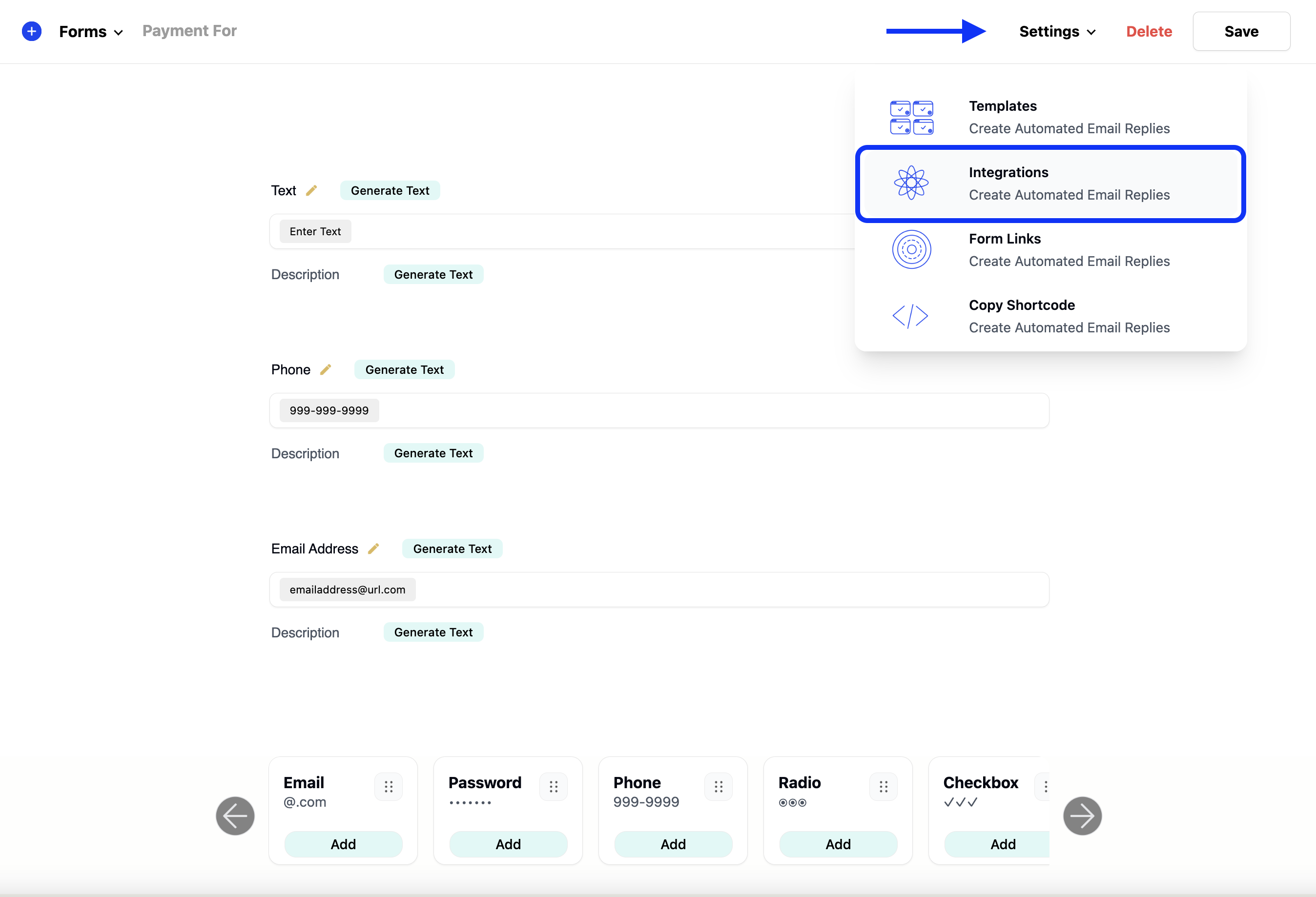 selecting the integrations menu item