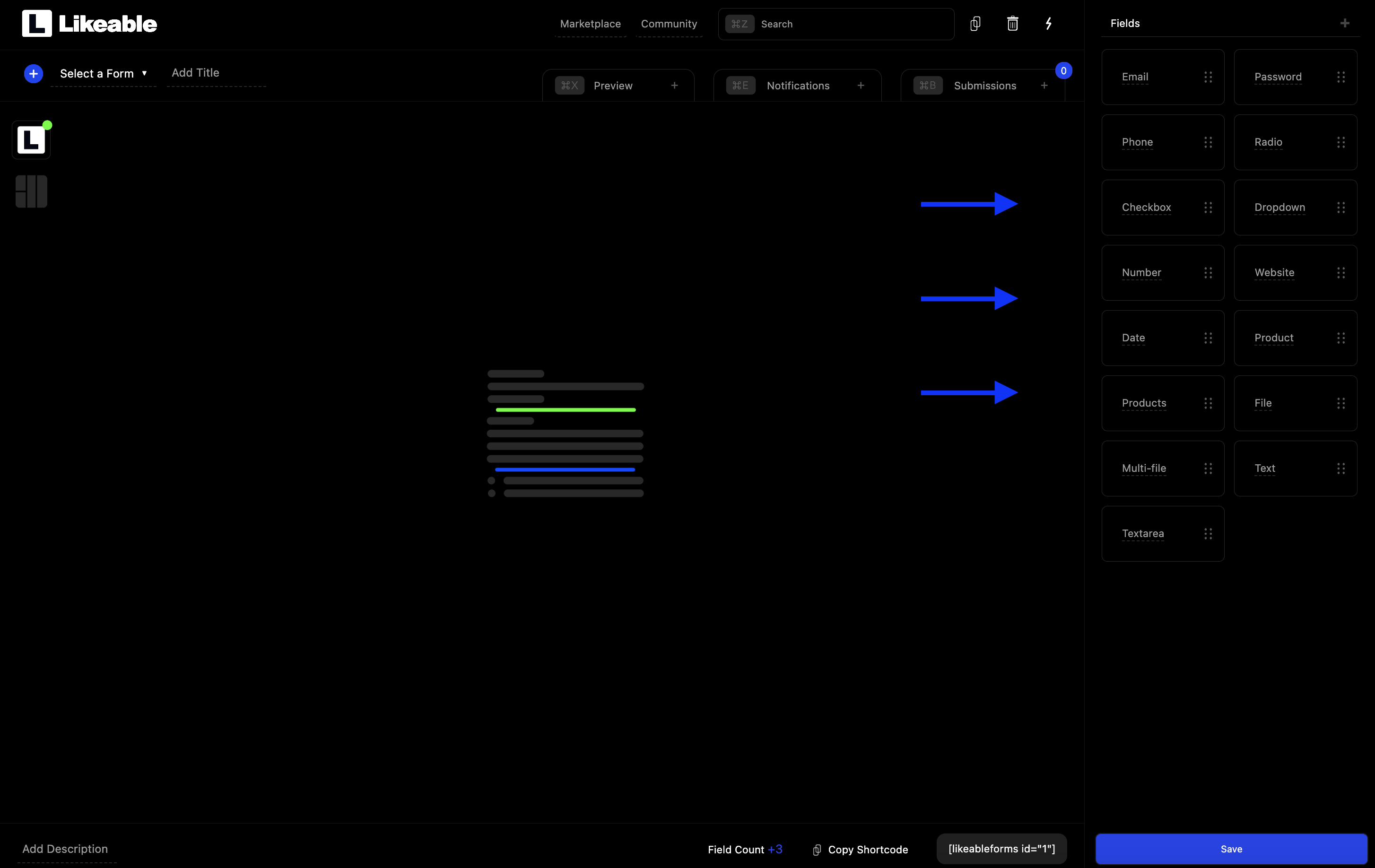 fields sidebar located on the right of the editor